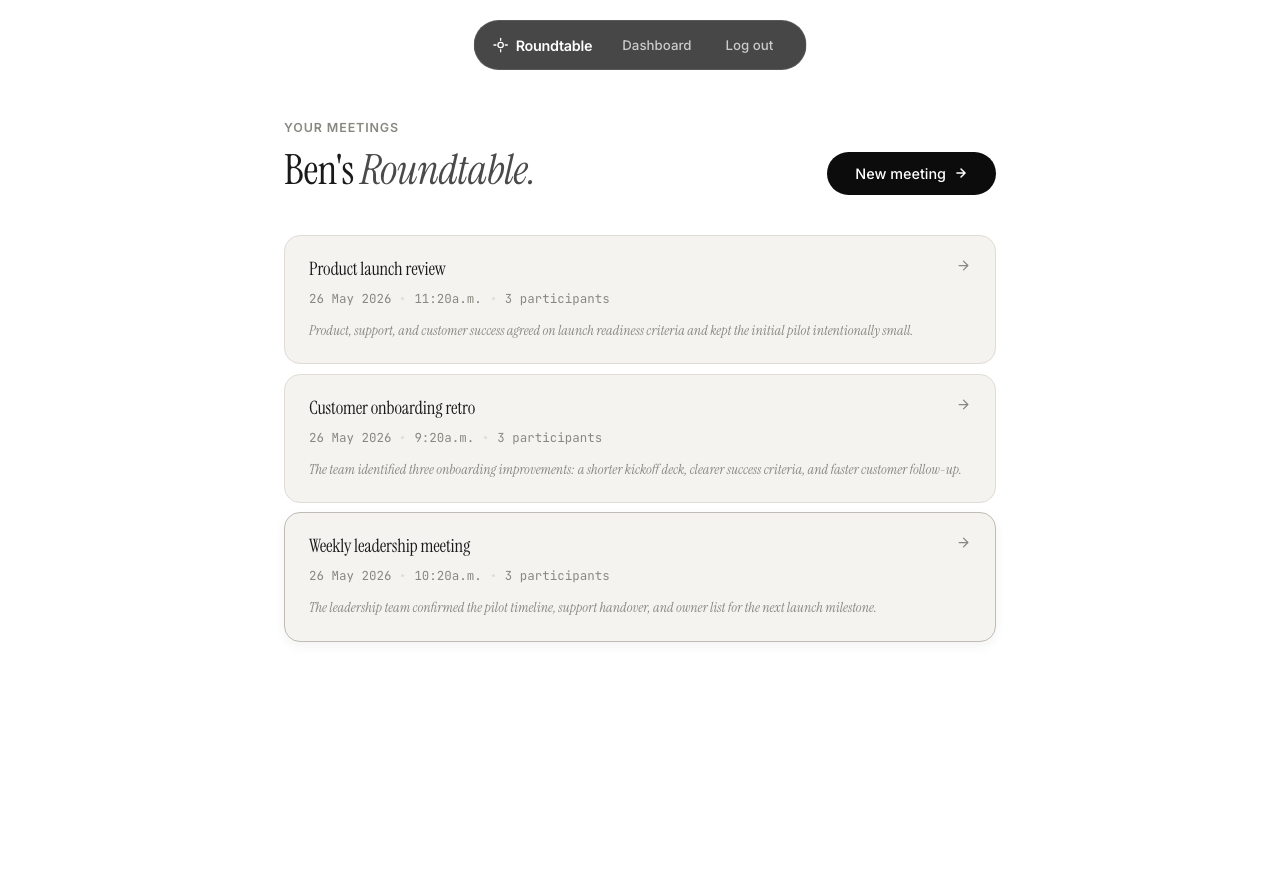 Roundtable dashboard with example meetings and summary previews