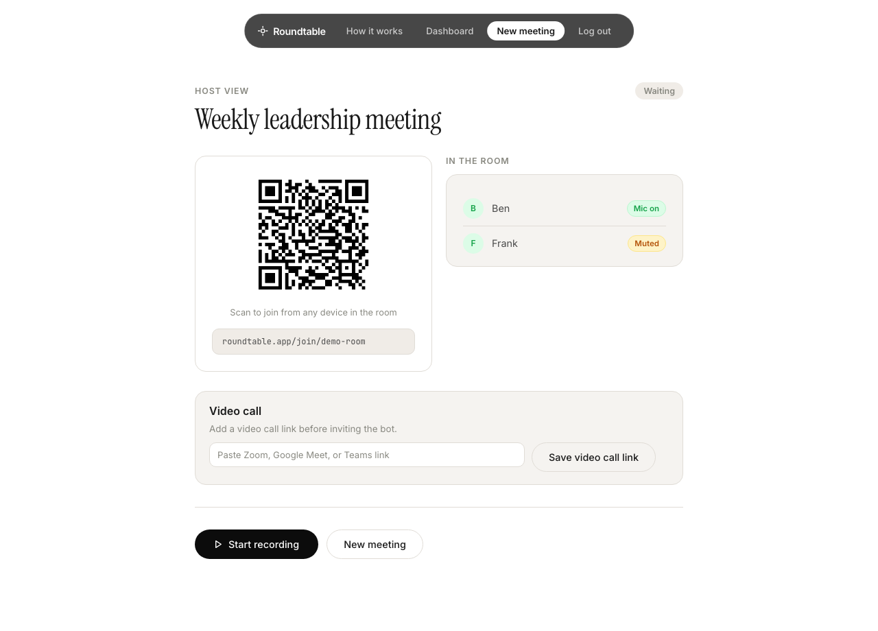 Roundtable host lobby showing QR code and in-room participants
