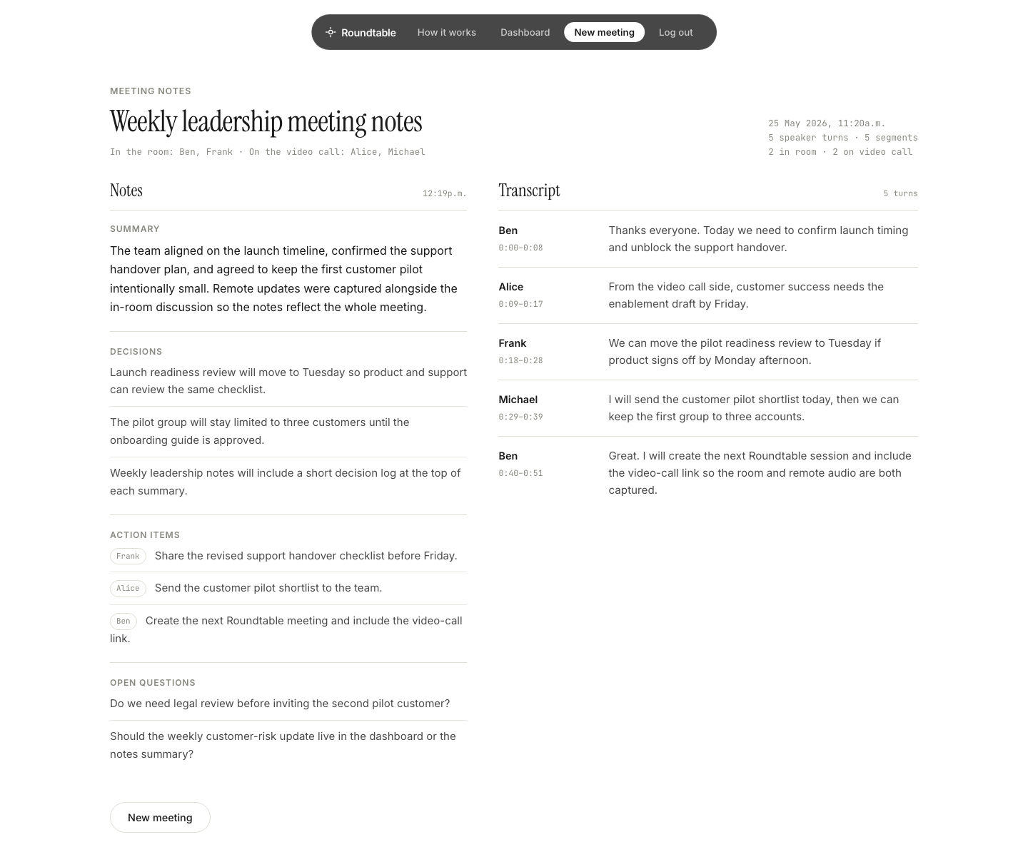 Roundtable results page showing AI notes and transcript